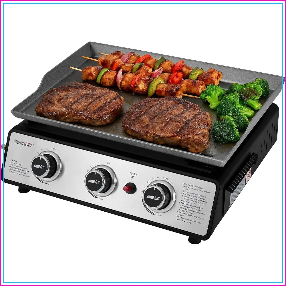 Portable 3-Burner Tabletop Griddle by S And B Enterprise; black & silver, burgers, skewers & broccoli on 304 sq in surface.
