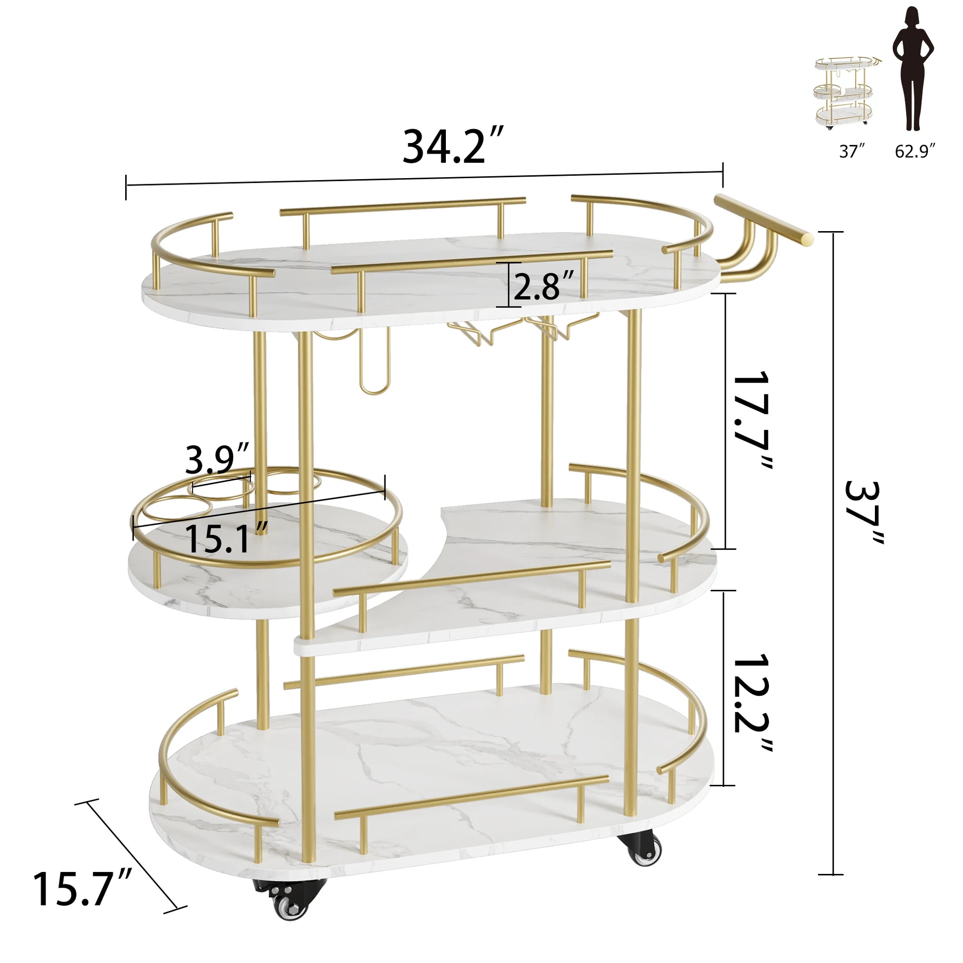 3-tier marble drinks trolley with gold frame, wheels, wine rack and glass holders by S And B Enterprise