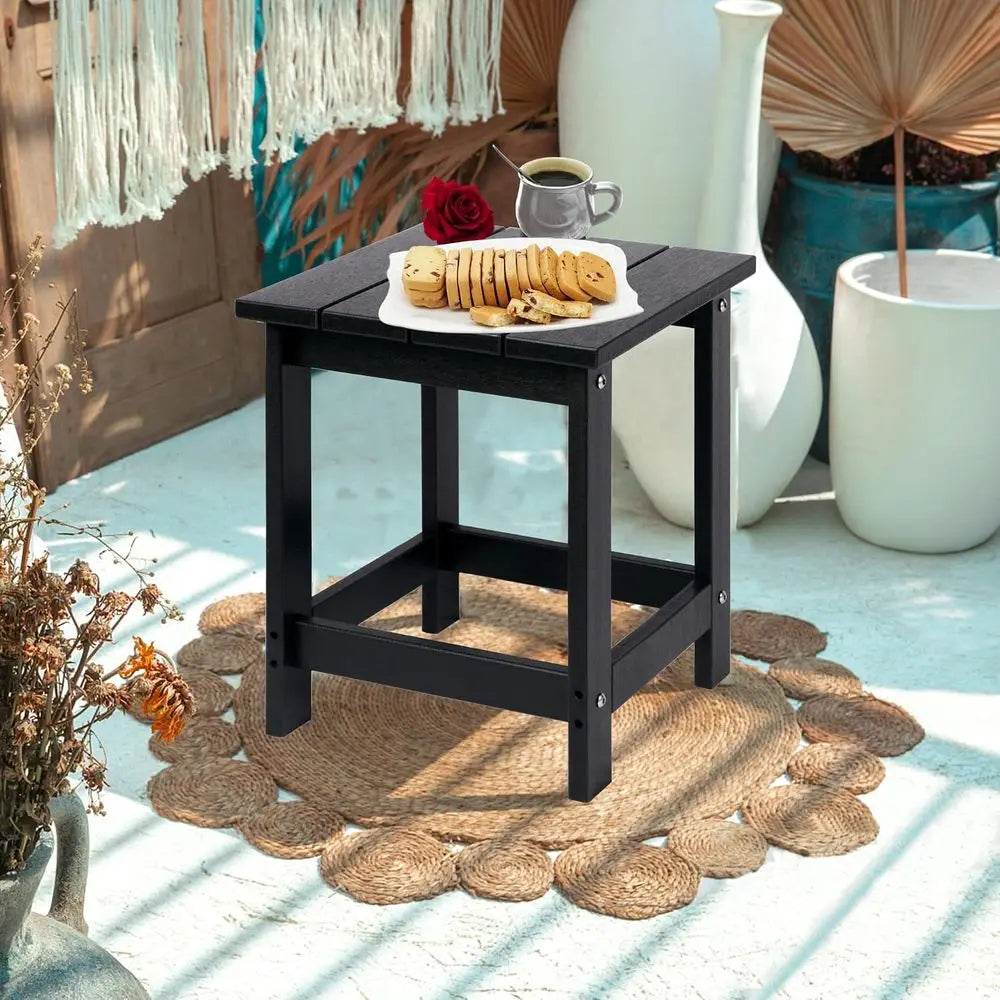 Patio side table by S And B Enterprise; black heavy-duty HDPE outdoor end table with wood-textured top
