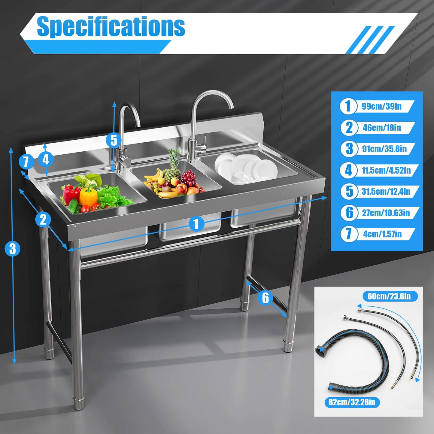 3 Compartment Stainless Steel Sink with 2 Faucets Freestanding Commercial Utility Sink Triple Bowl for Restaurant Garage Laundry
