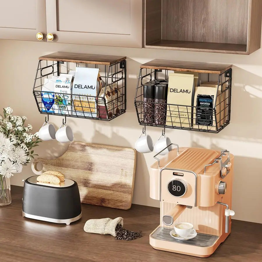 Stackable Metal Fruit Basket With Wood Lid Wall Organizer