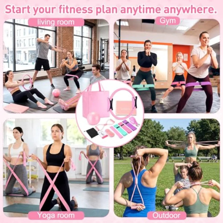 11 Pcs Pink Yoga Accessories Set for Women, Home Pilates Essential Kit for Workout Gym Lover Gifts with Yoga Mat Magic Circle T by S And B Enterprise