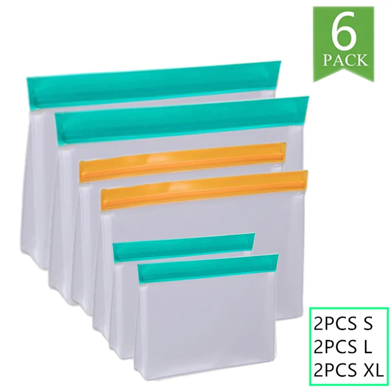 Reusable PEVA stand-up freezer bags, teal and orange zip-top closures, 6-pack