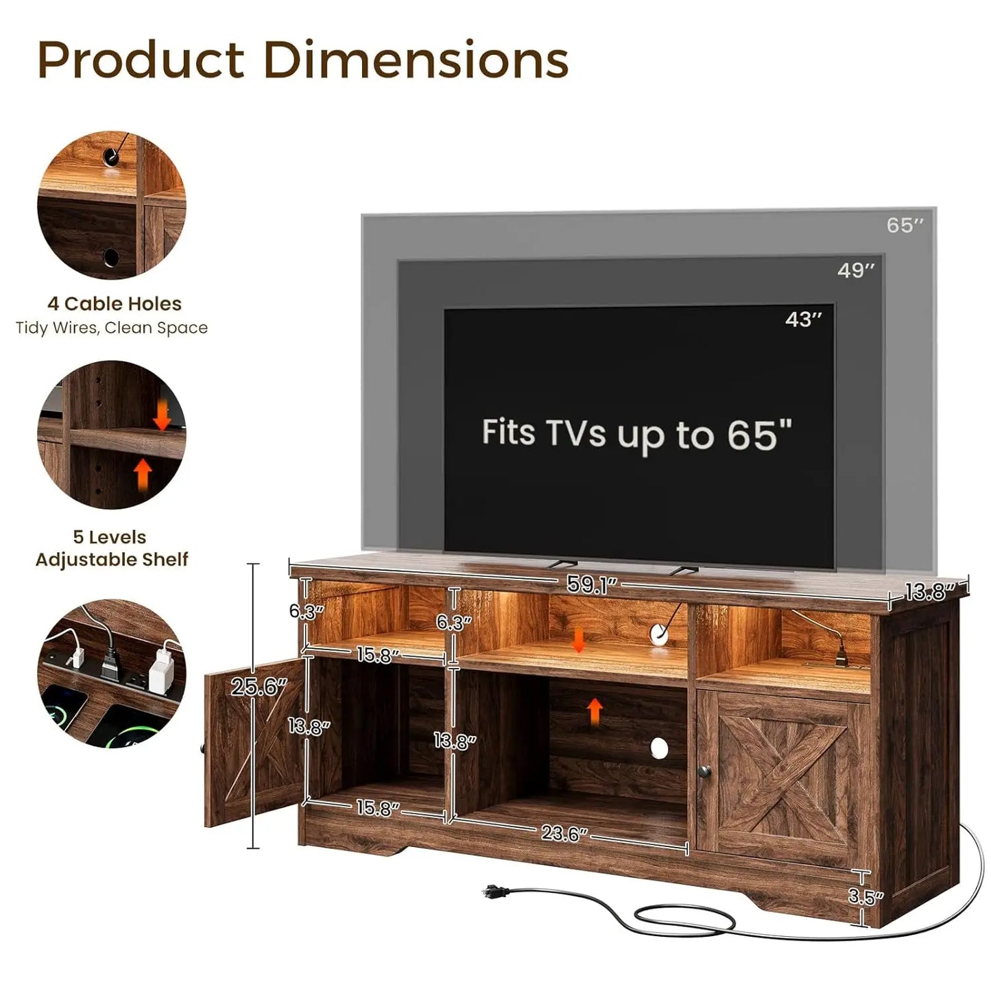 BIANXIANG Farmhouse TV Stand With Power Outlet And LED Lighting by S And B Enterprise