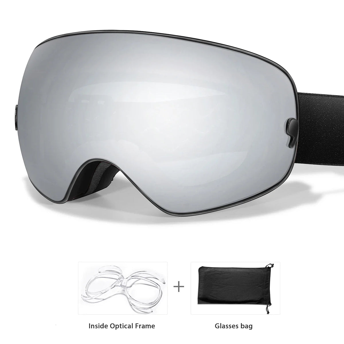 S And B Enterprise ski goggles with reflective silver lens and black strap; includes optical frame and bag