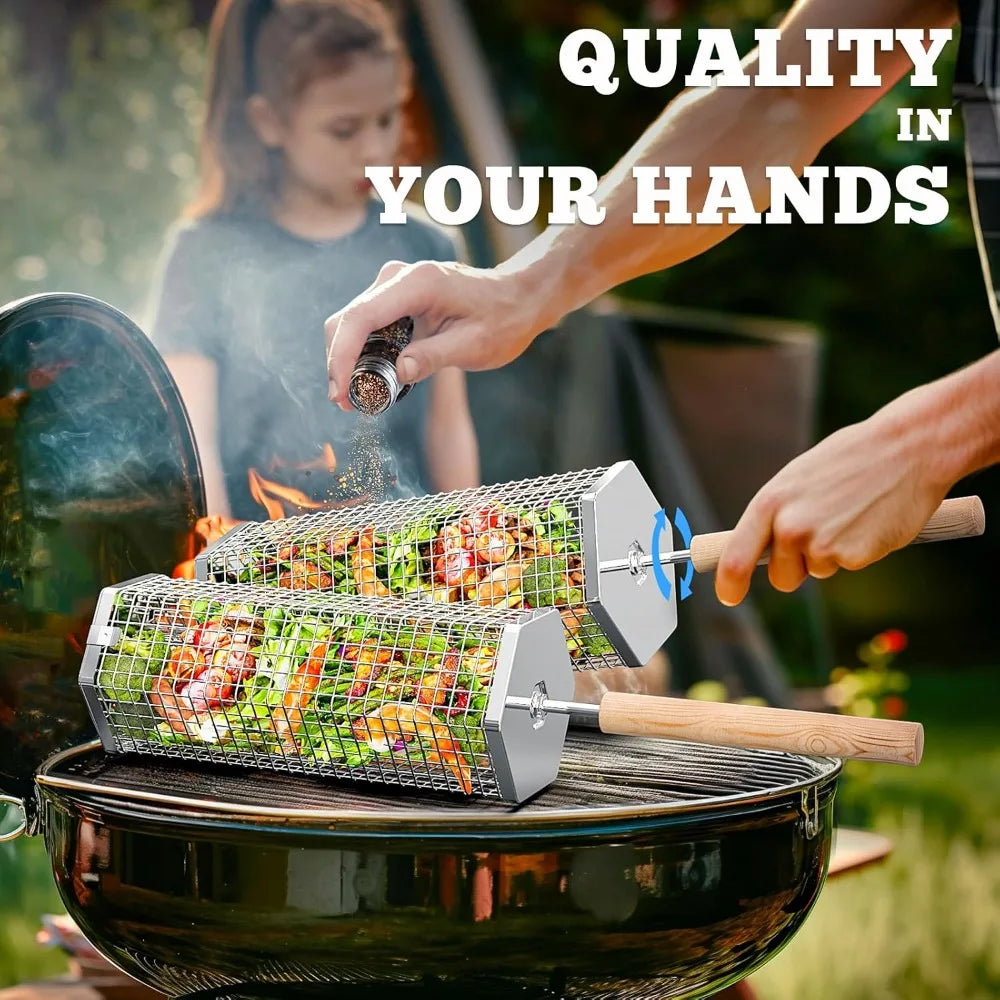 Rolling grill basket by S And B Enterprise with removable wooden handles and nesting stainless steel baskets.