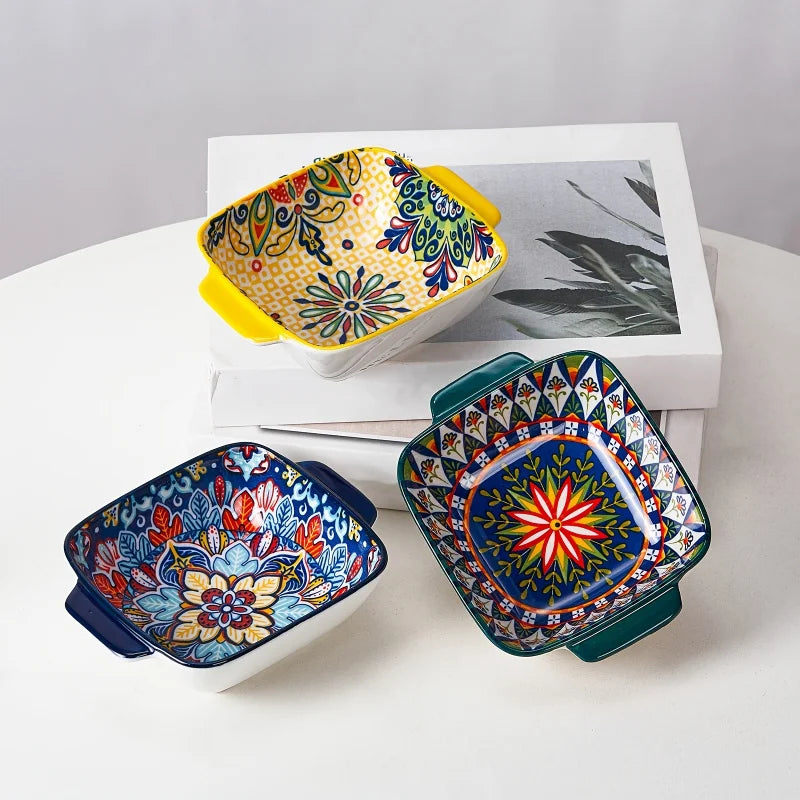 2Only15.24 Bohemian-Style Ceramic Salad Bowl/Pasta Bowl, Reusable Dessert Container with Handle/ Snack Bowl, Boho Tableware by S And B Enterprise
