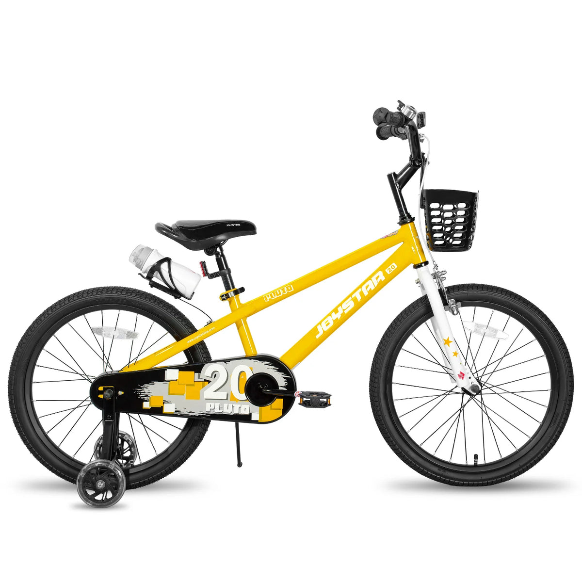 JOYSTAR kids bicycle with yellow frame, black front basket, water bottle, training wheels, and 20-inch wheels