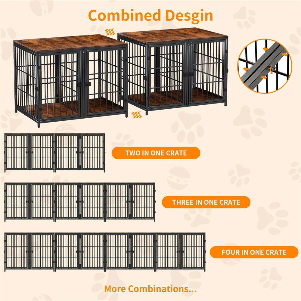 Ultra-thick dog crate cage with removable divider and four doors; configurable two-, three-, or four-in-one crate.