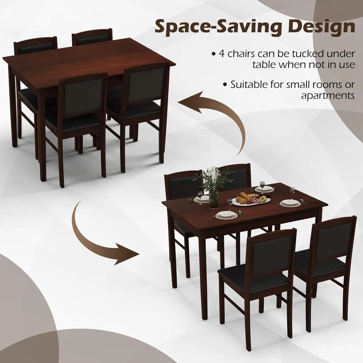Solid Wood Dining Table Set With Four Upholstered Chairs