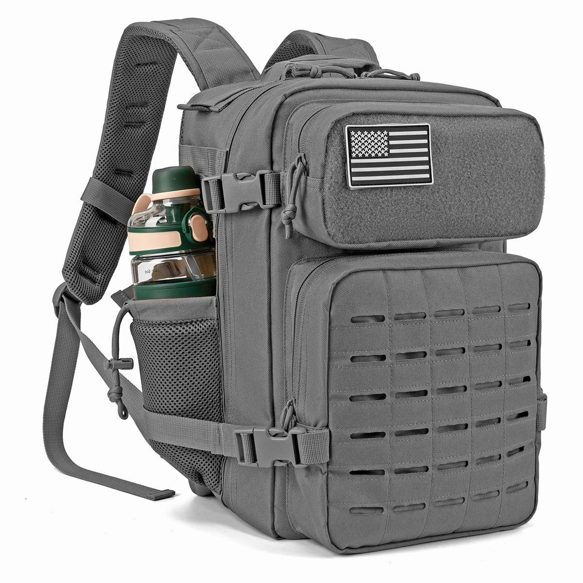 25L tactical backpack in gray with MOLLE front panel, side water bottle pocket, and US flag patch.