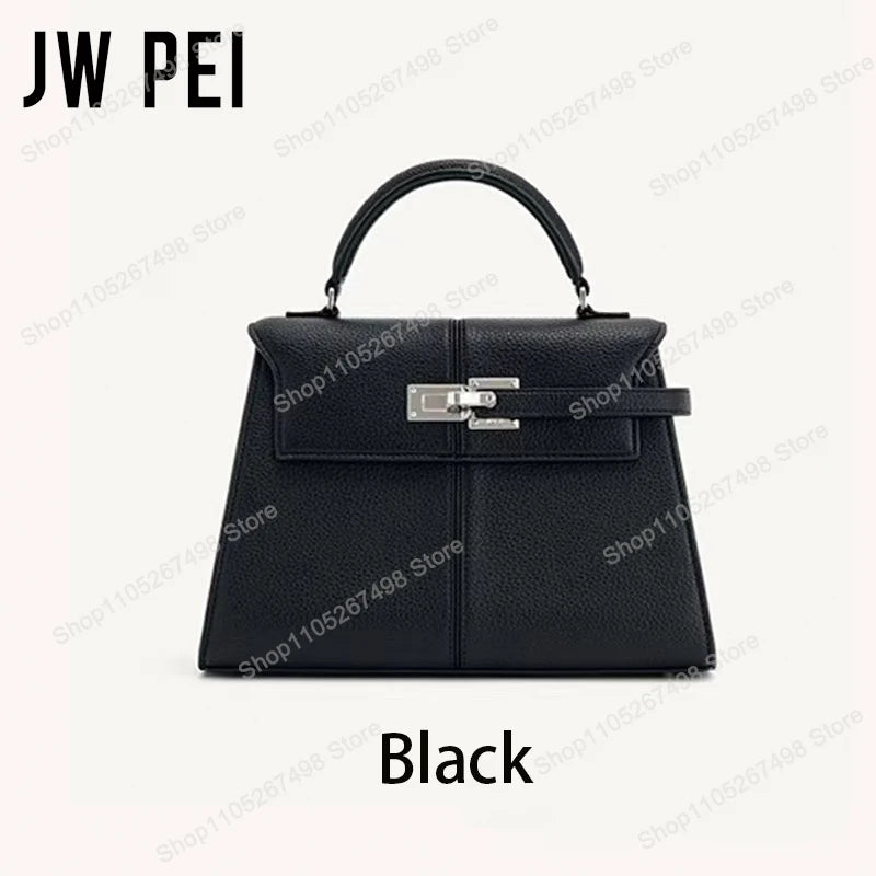JW PEI Elise trapezoid top-handle bag in black pebbled leather, shoulder/crossbody purse