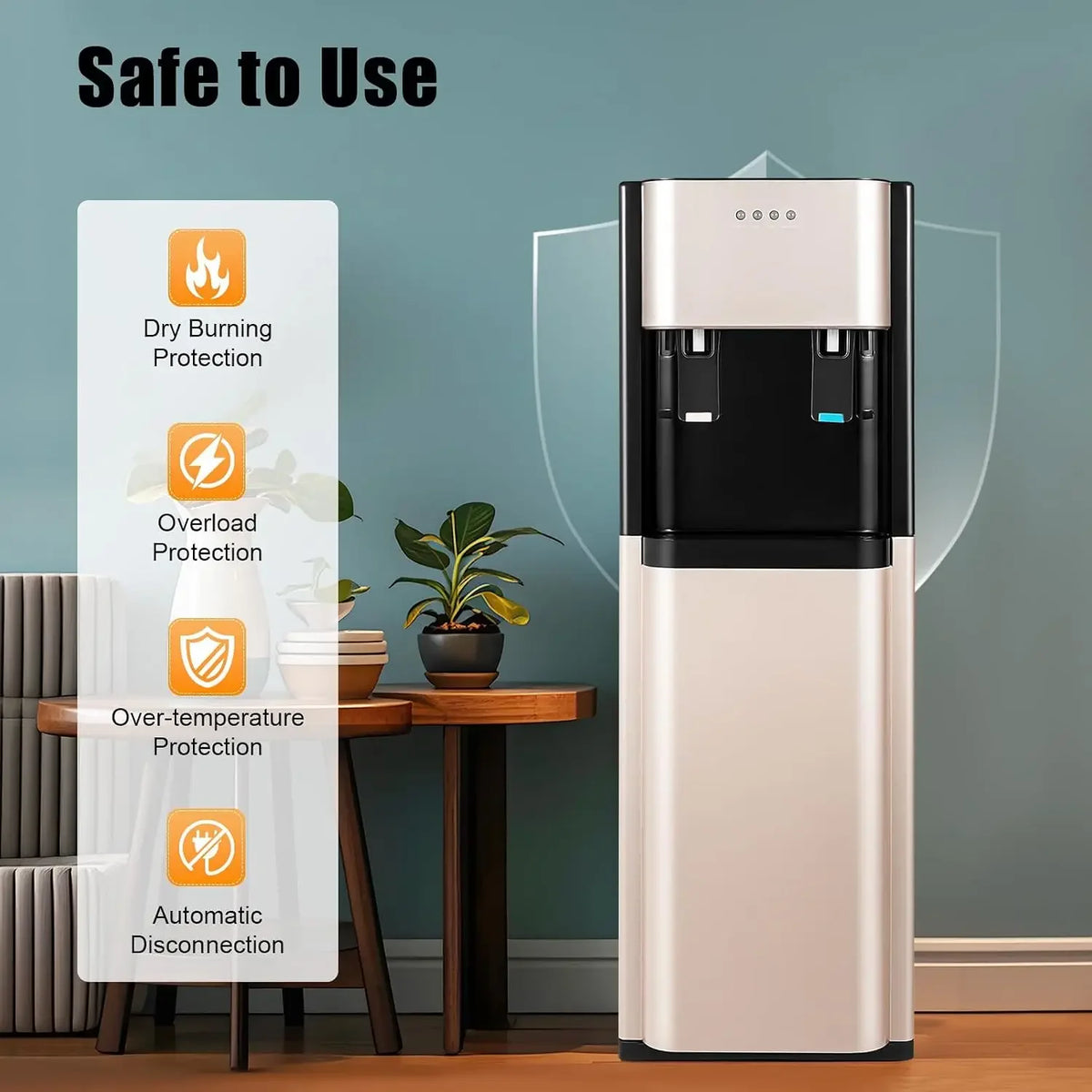 5-gallon bottom-loading water dispenser in cream and black, freestanding hot and cold water cooler