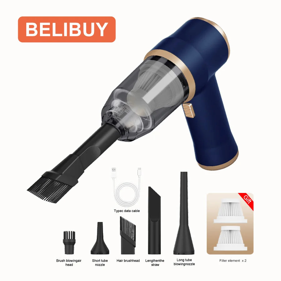 Wireless car vacuum by BELIBUY; blue-gold handheld with 7 attachments from S And B Enterprise