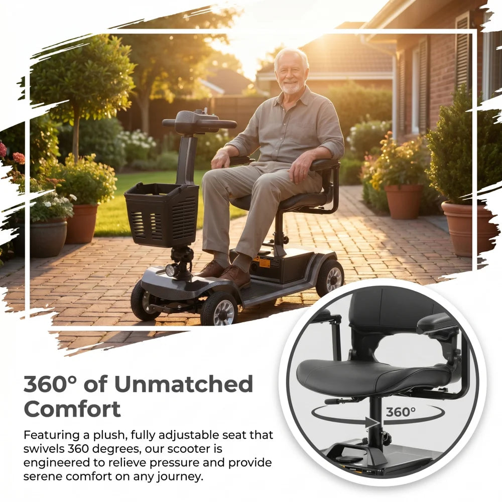 Unificare 250W electric mobility scooter, 4-wheel foldable travel scooter with front basket and 360° swivel seat
