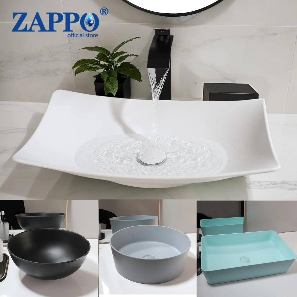 ZAPPO bathroom vessel sink with drain; white stone-resin round washbasin with black faucet