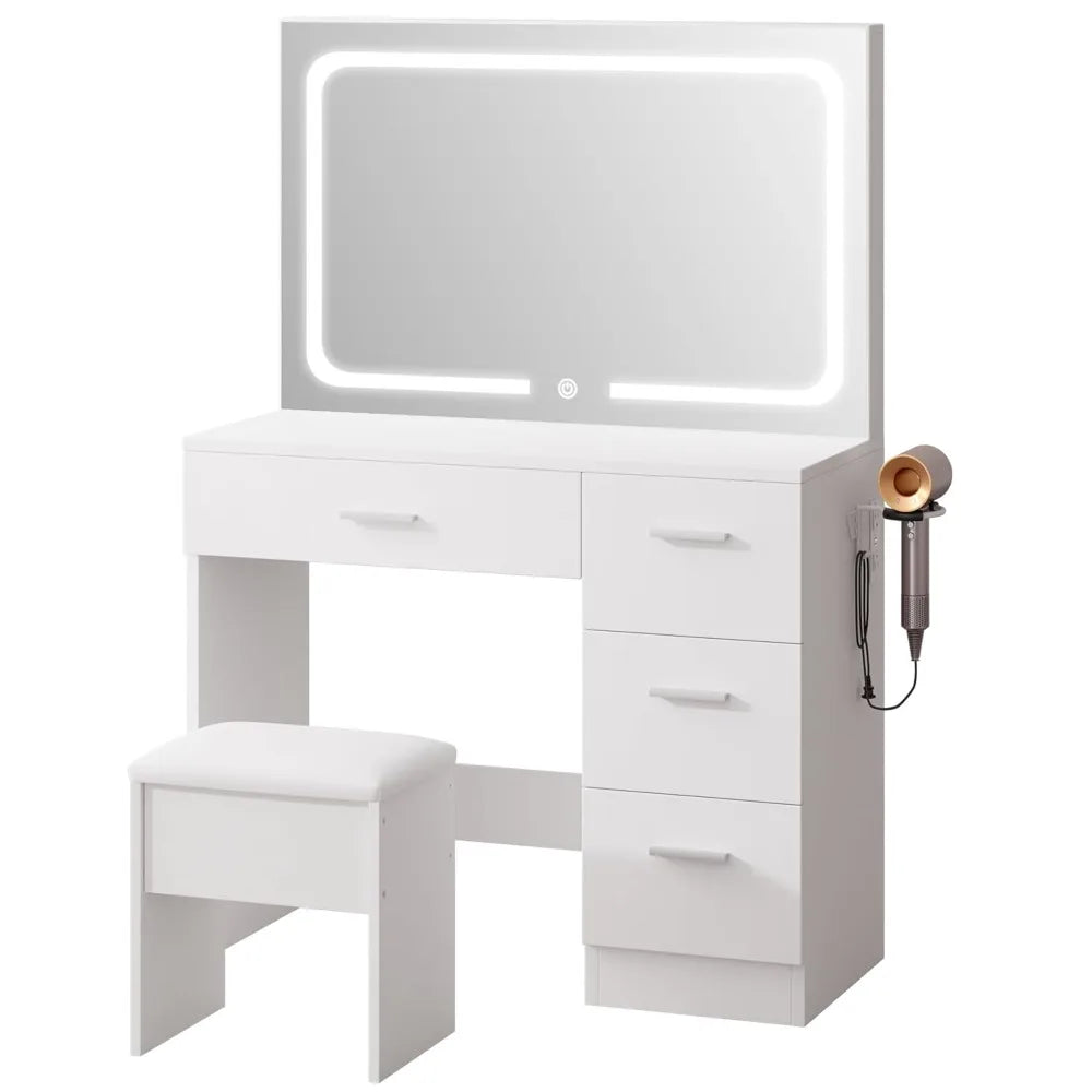 Makeup Vanity Desk with Charging Station & LED Mirror – 35.4" Vanity Set with 4 Drawers, 3 Lighting Modes – Modern, Customized