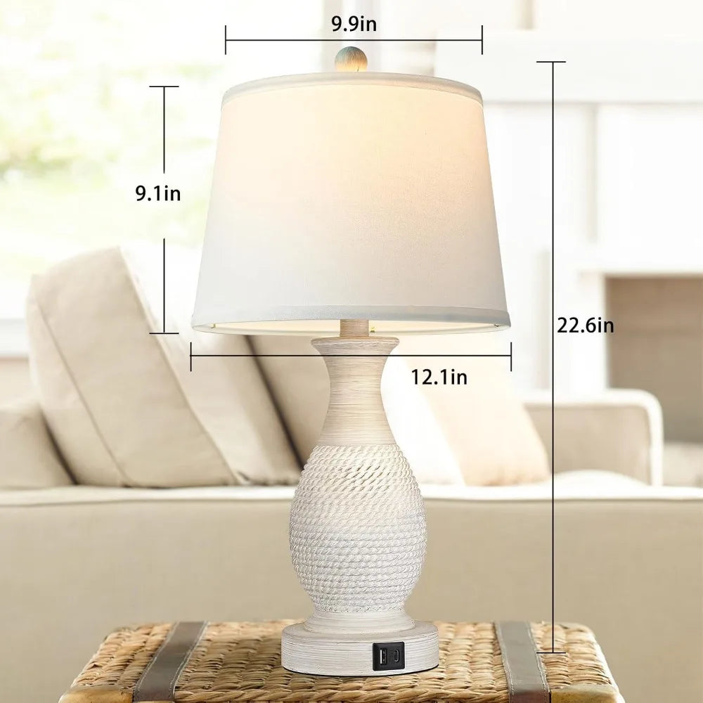 Set of 2 touch table lamps with USB charging, dimmable, white fabric shade, LED bulbs included by S And B Enterprise