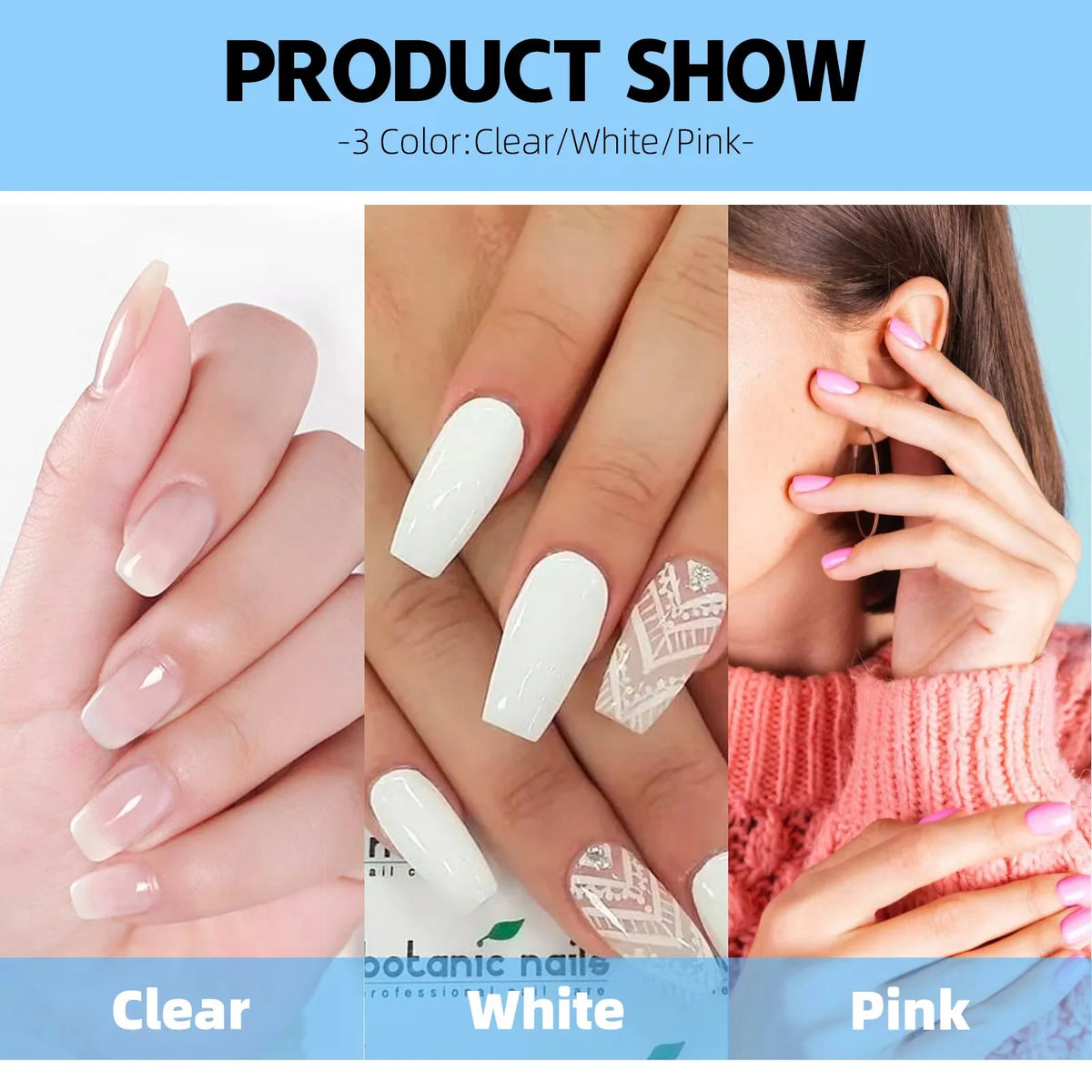 Professional gel nail kit by S And B Enterprise with clear, white and pink nails.
