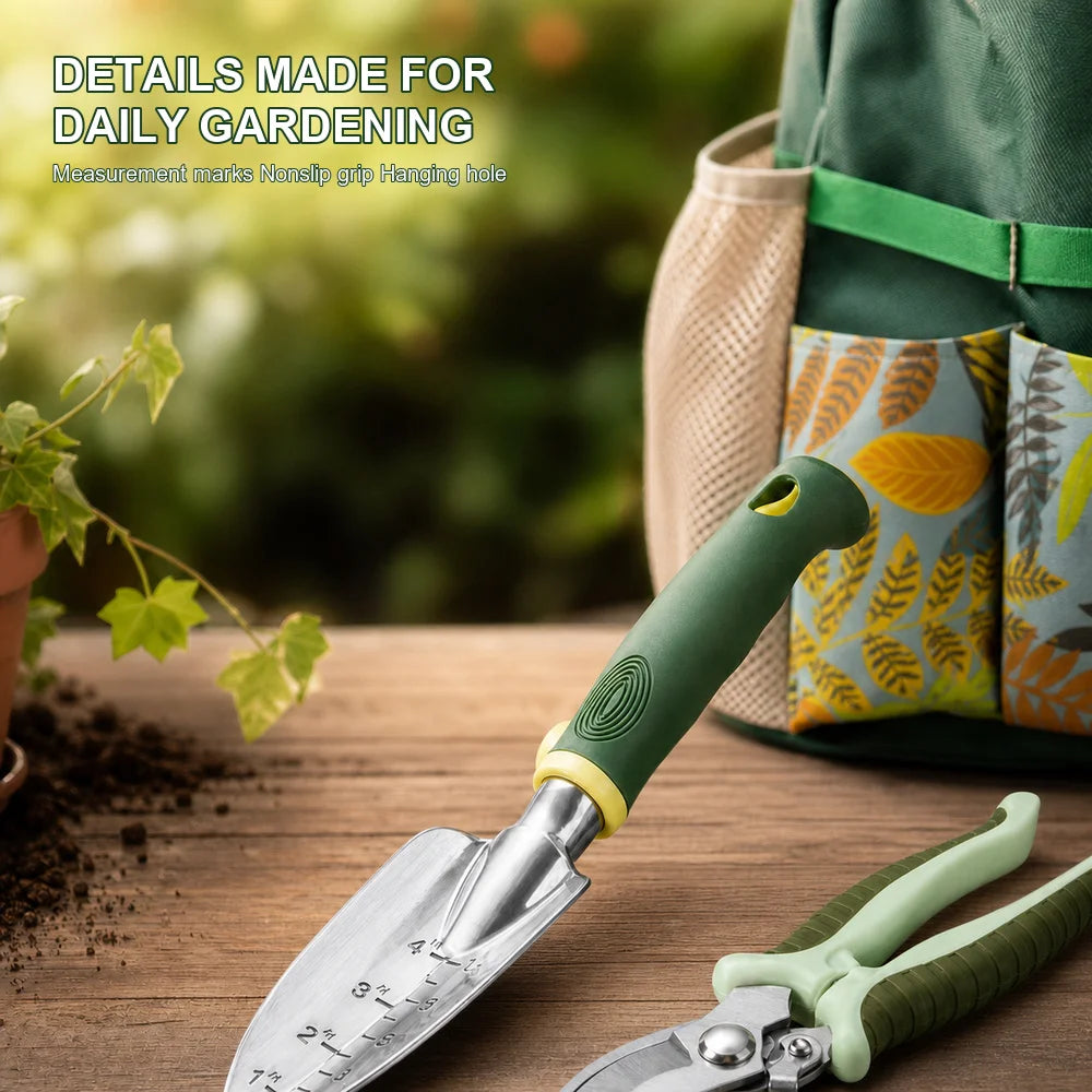 16-piece garden tool set by S And B Enterprise; aluminum alloy hand tools with green handles in a floral tote bag