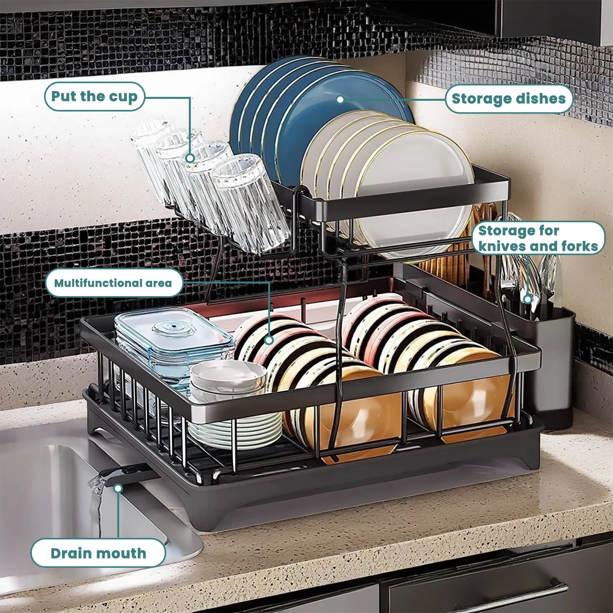 Large 2-tier dish drying rack by S And B Enterprise in black metal; removable with plates, bowls, glasses, and cutlery.