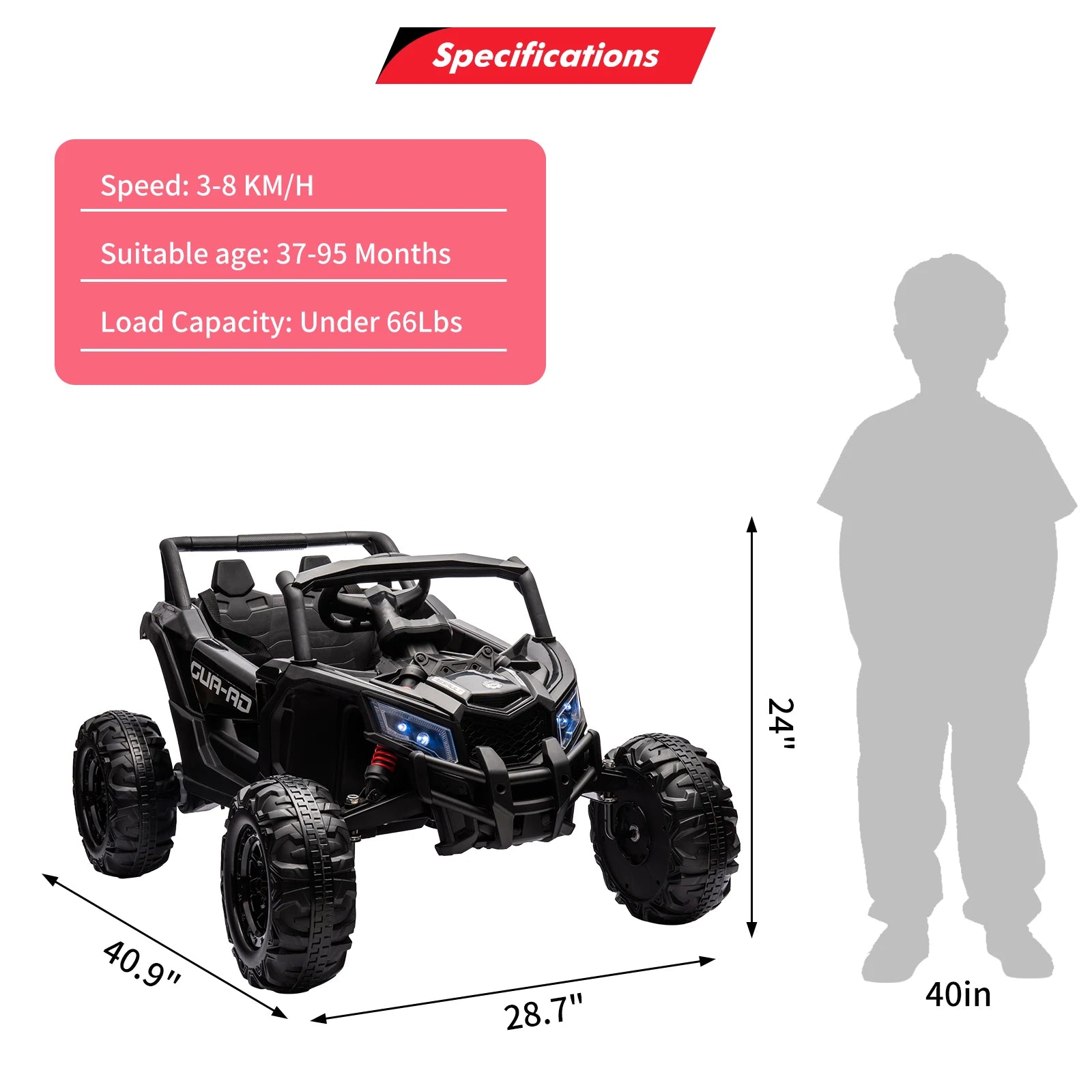 24V Kids Ride-On UTV (2-Seater) by S And B Enterprise, black off-road electric toy car with LED headlights.
