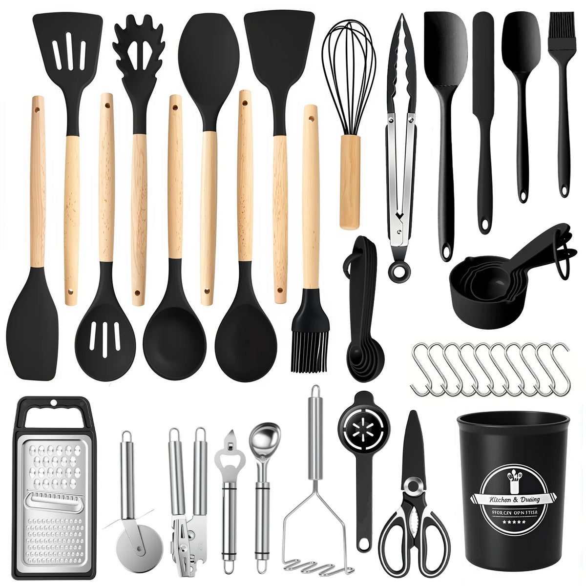 44-piece silicone kitchen utensil set with wooden handles; non-stick and heat-resistant by S And B Enterprise