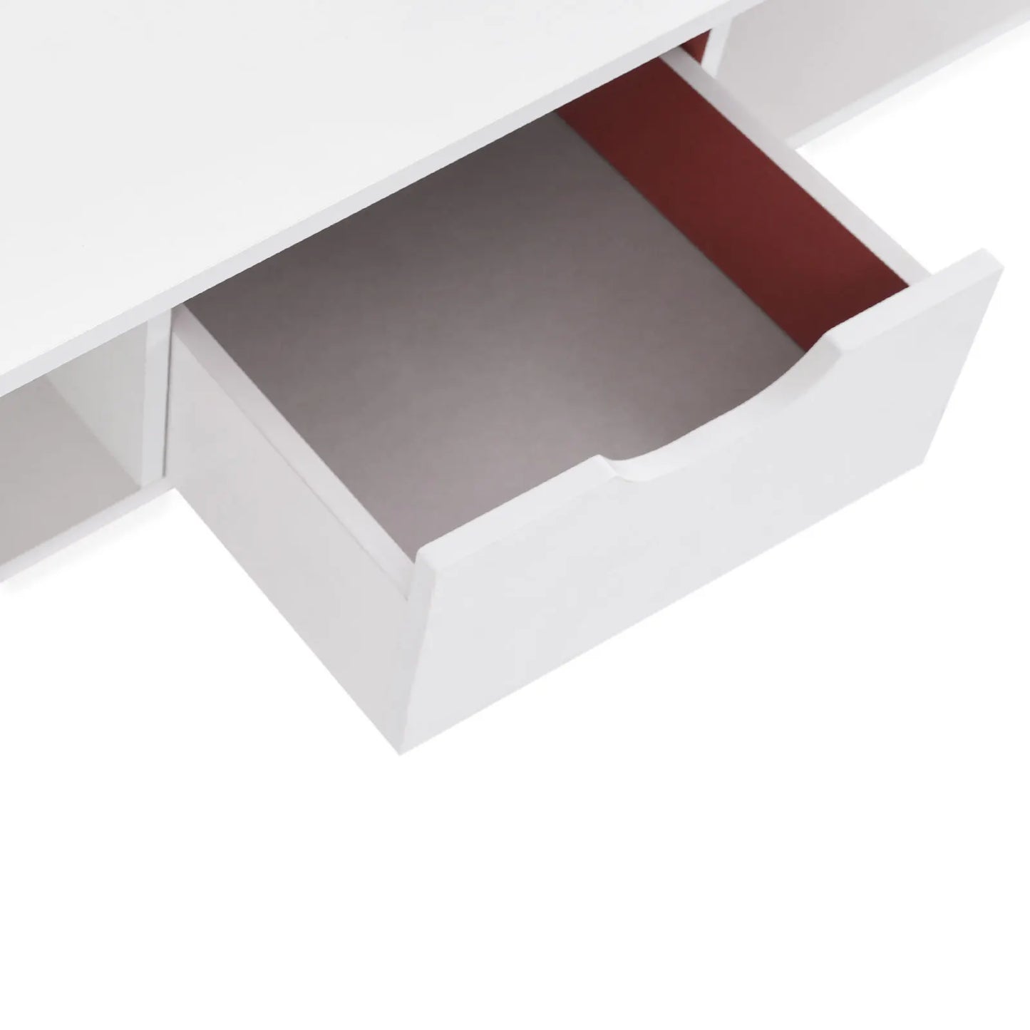 Modern white coffee table with two tiers and drawer, opened to reveal brown interior, by S And B Enterprise