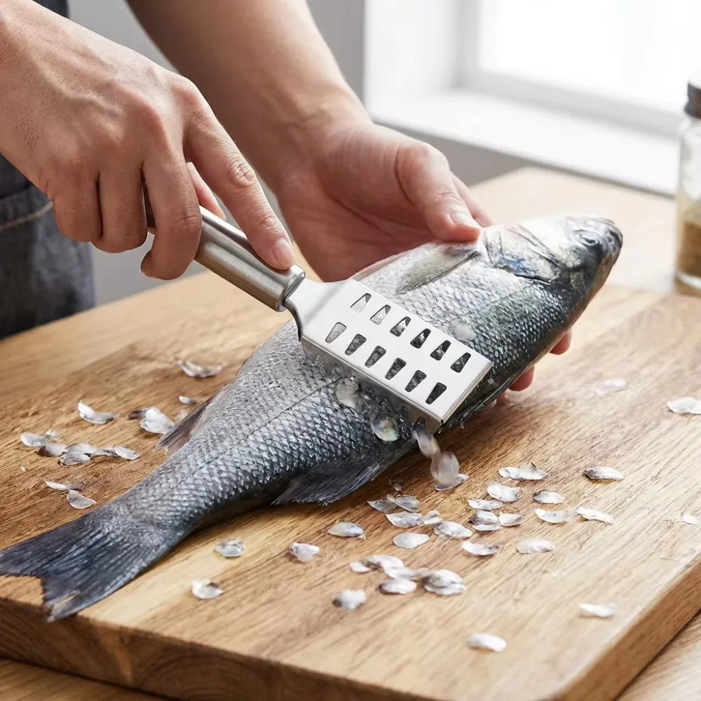 Multi-Purpose Kitchen Scraper by S And B Enterprise, 23cm, with non-slip handle and slotted stainless blade for fish.