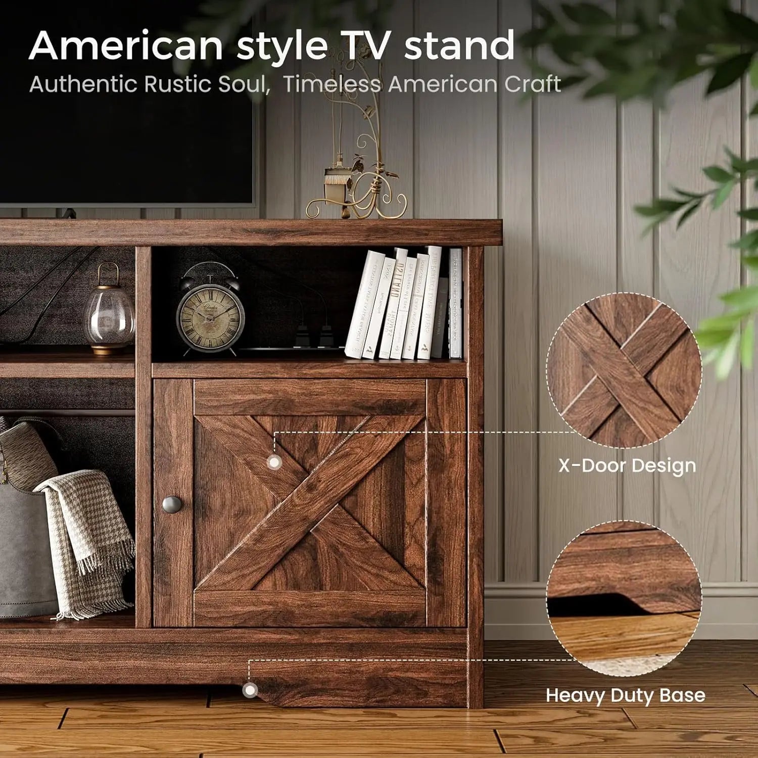 BIANXIANG Farmhouse TV Stand With Power Outlet And LED Lighting by S And B Enterprise