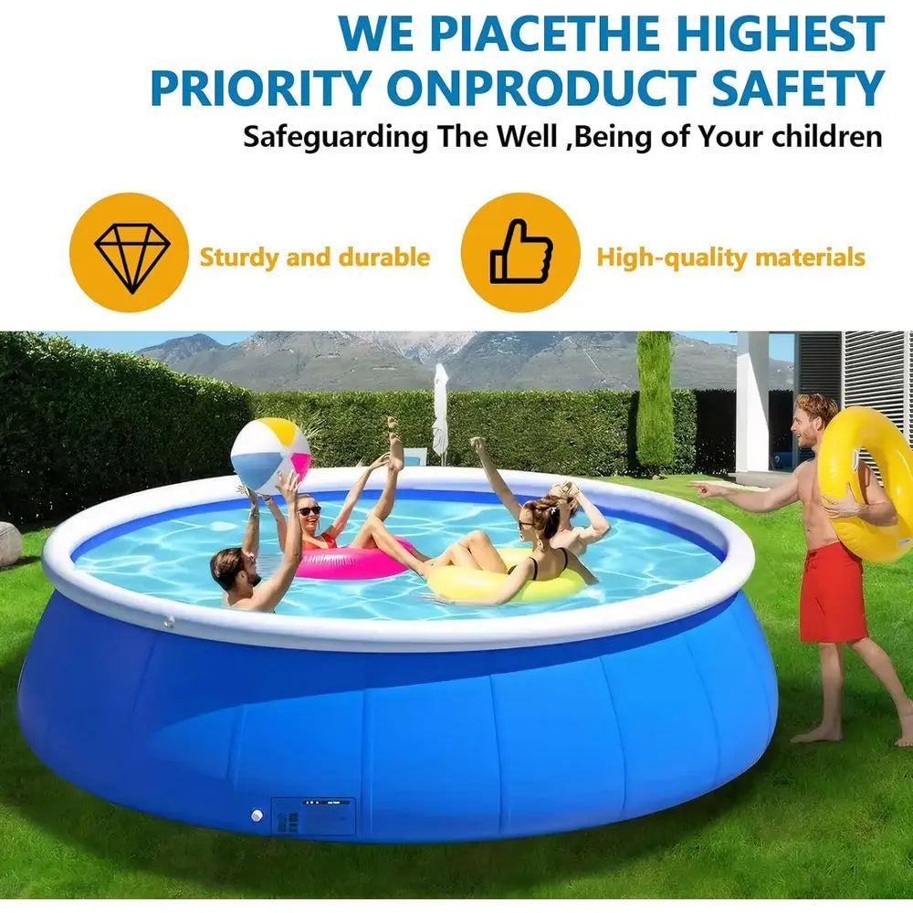 Round inflatable pool by S And B Enterprise, 120-inch diameter, blue with white rim.