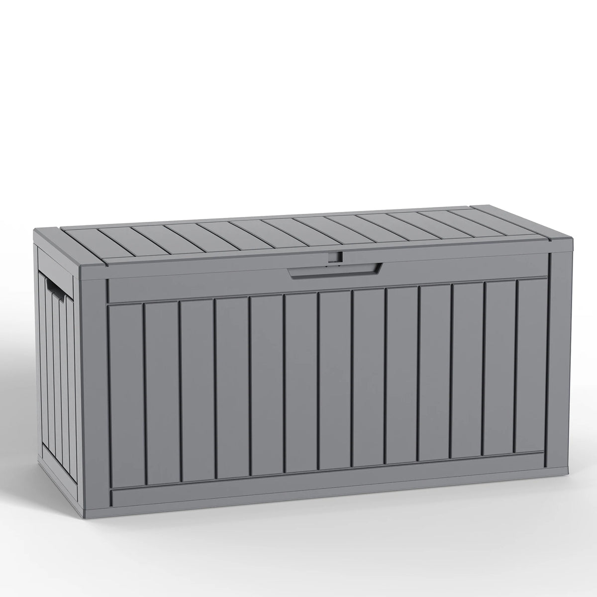 S And B Enterprise 90 Gallon outdoor deck storage box, gray weather-resistant plastic