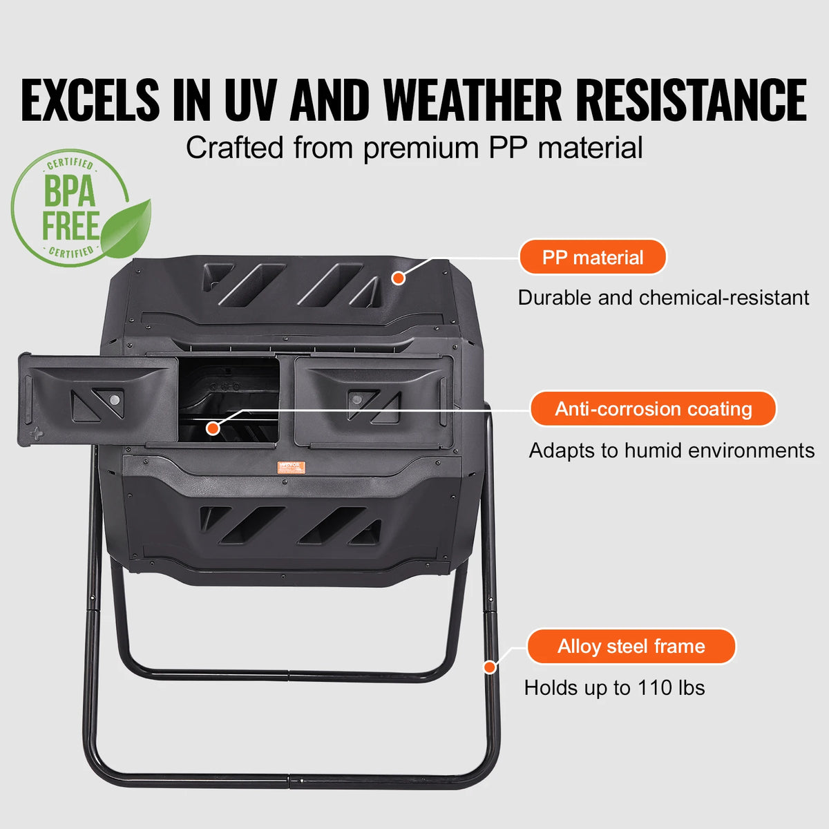 SucceBuy dual-chamber compost tumbler on an alloy steel frame; BPA-free PP material, holds up to 110 lbs