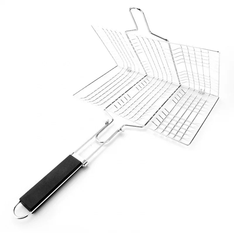Stainless steel grill basket with black handle for grilling veggies and small foods