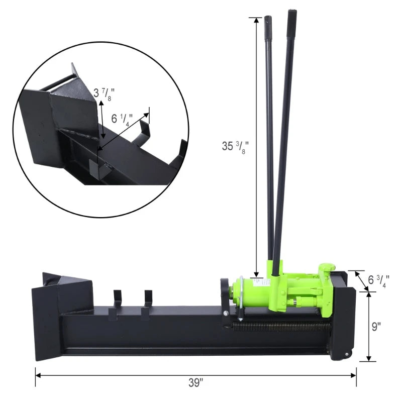 Horizontal log splitter by S And B Enterprise, 10-ton manual hydraulic unit in green and black.