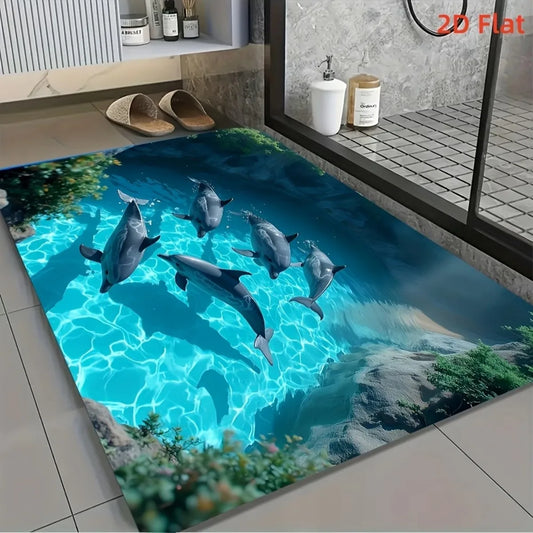 S And B Enterprise square diatomaceous earth bathroom mat with rubber bottom and blue ocean dolphins print