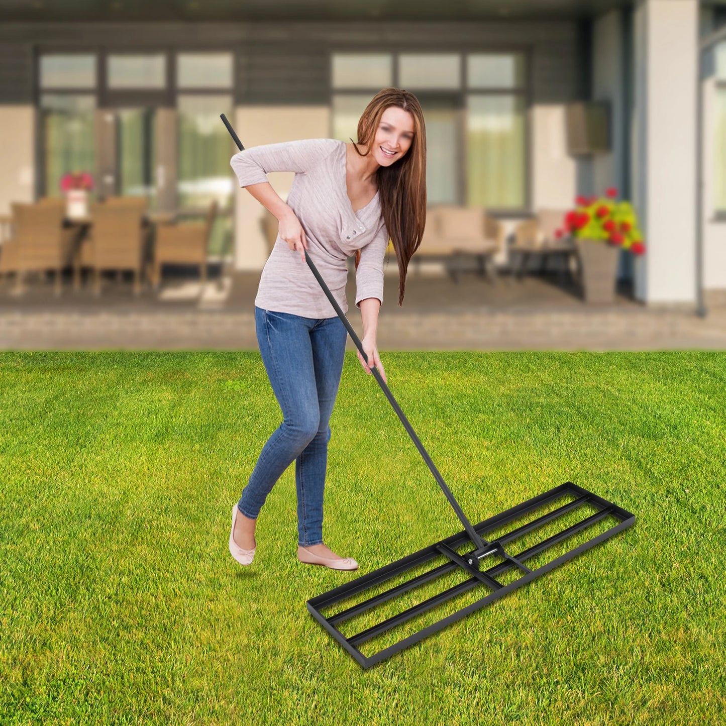Black steel lawn leveler rake with 5.7 ft adjustable handle; heavy-duty ground rake for yard and garden.