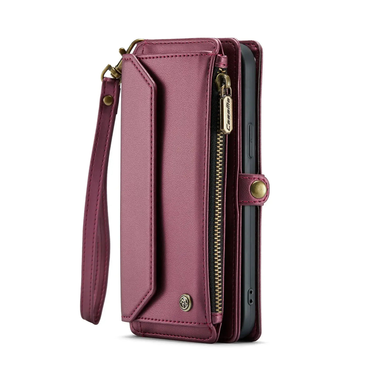 Crossbody wallet case for iPhone 15–SE 2022, pink leather with RFID blocking, 7-card slots and zipper bill pocket