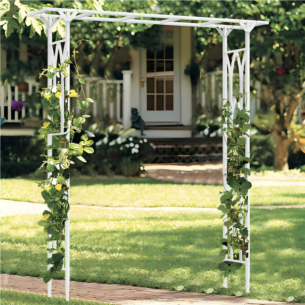 Stereoscopic White Garden Arch Arbor by S And B Enterprise; white metal outdoor wedding trellis.