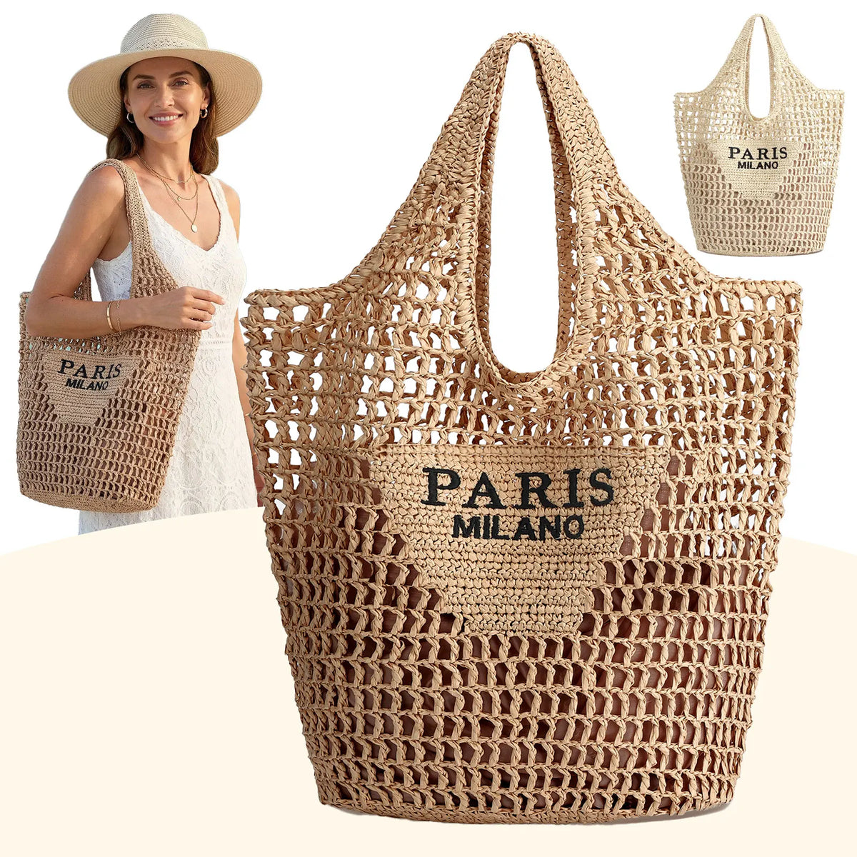 Straw tote bags for women, natural woven with Paris Milano branding; 3 bags pictured