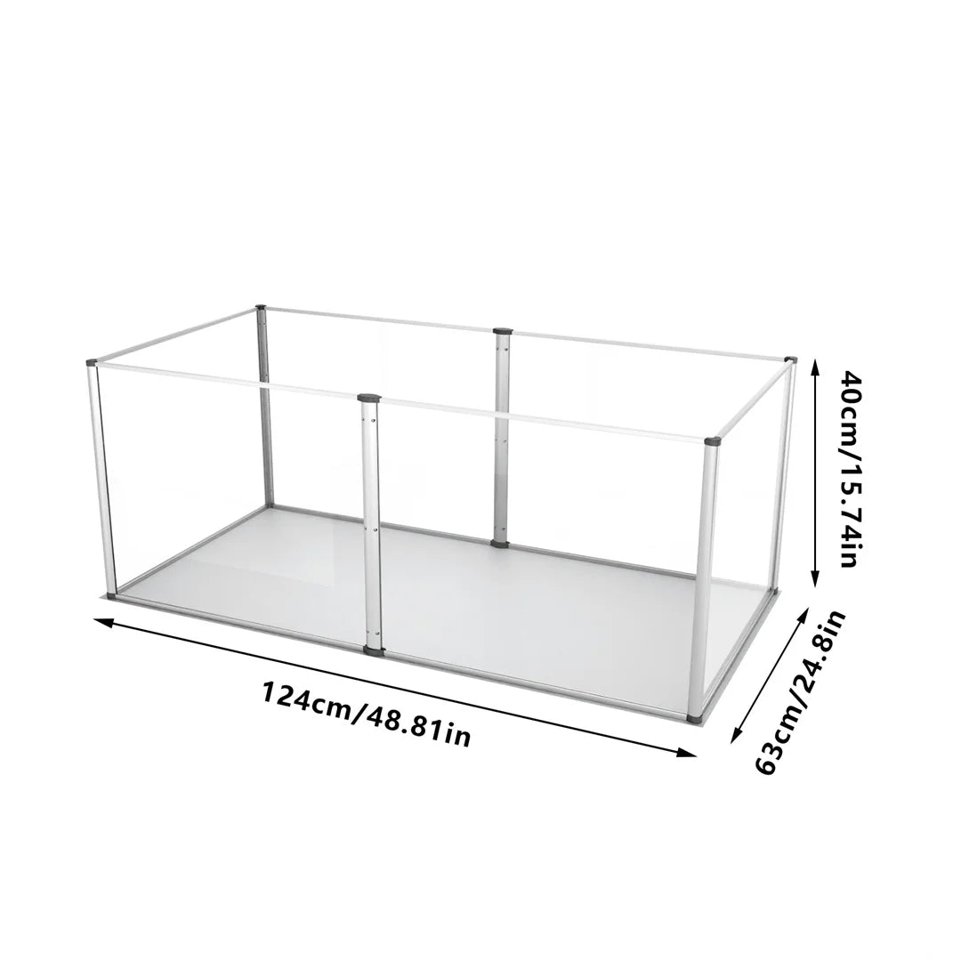 Unique clear acrylic pet playpen with waterproof floor pad, 124 cm long, 63 cm wide, 40 cm high.