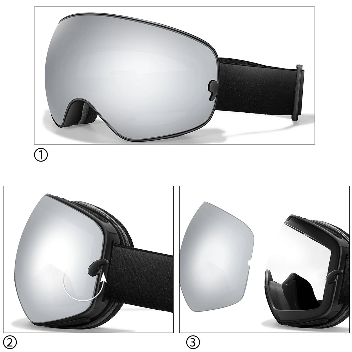 Winter ski goggles with mirrored lens, UV400 anti-fog, black strap for men, women and teens