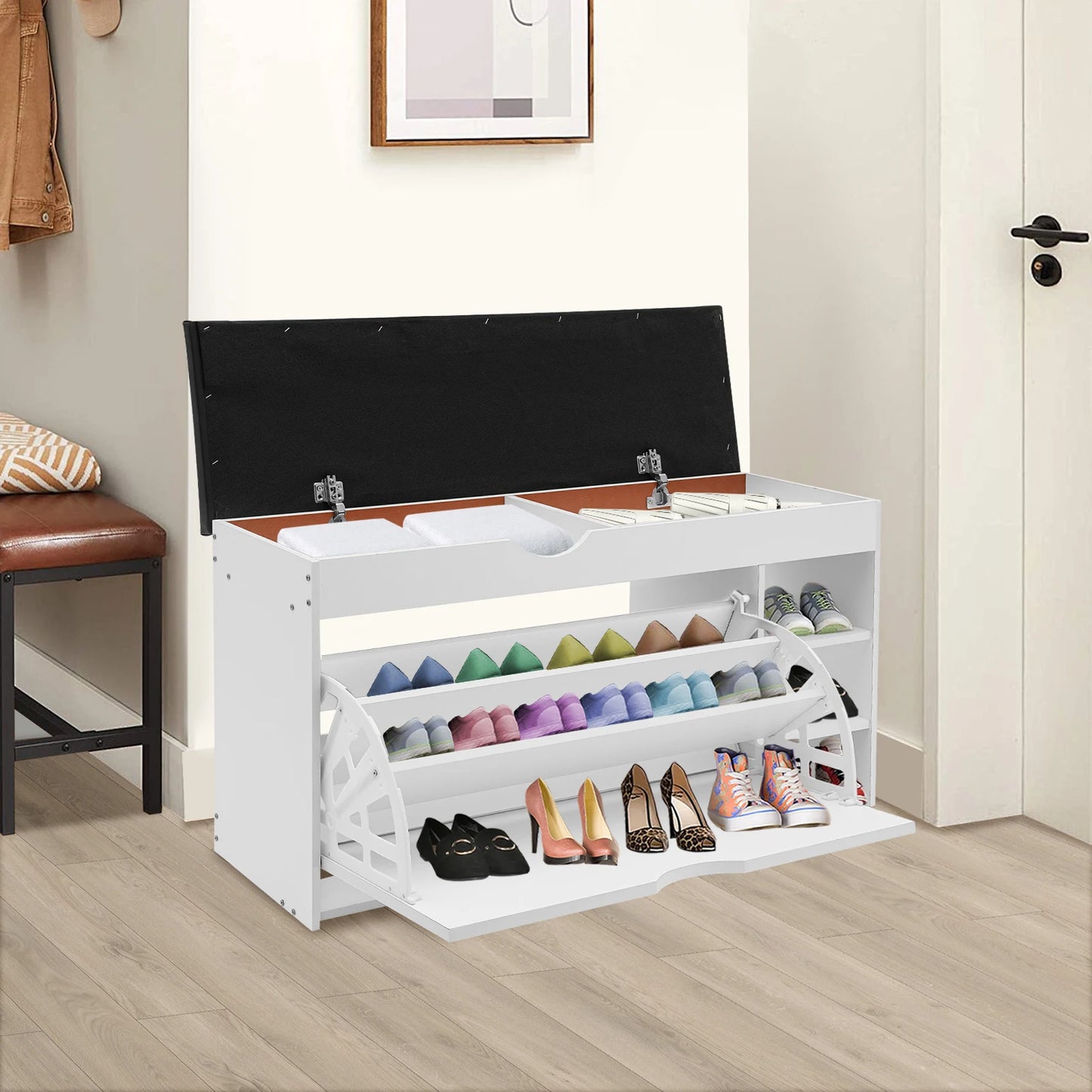 Three-Tier Shoe Bench With Cushioned Seat And Hidden Drawers