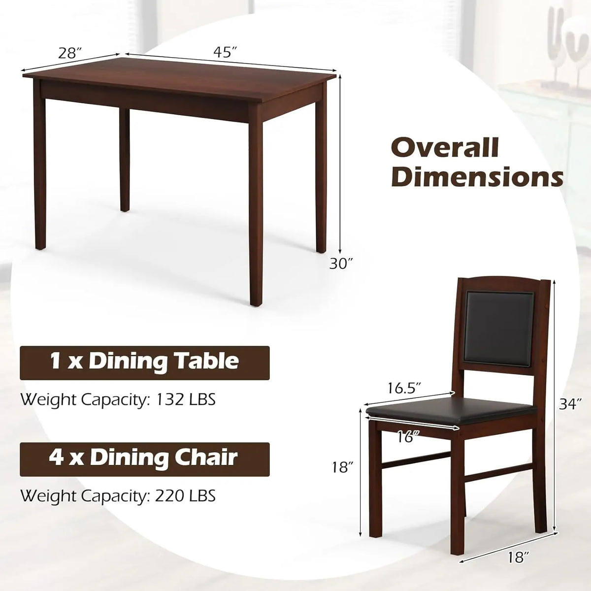 Solid Wood Dining Table Set With Four Upholstered Chairs