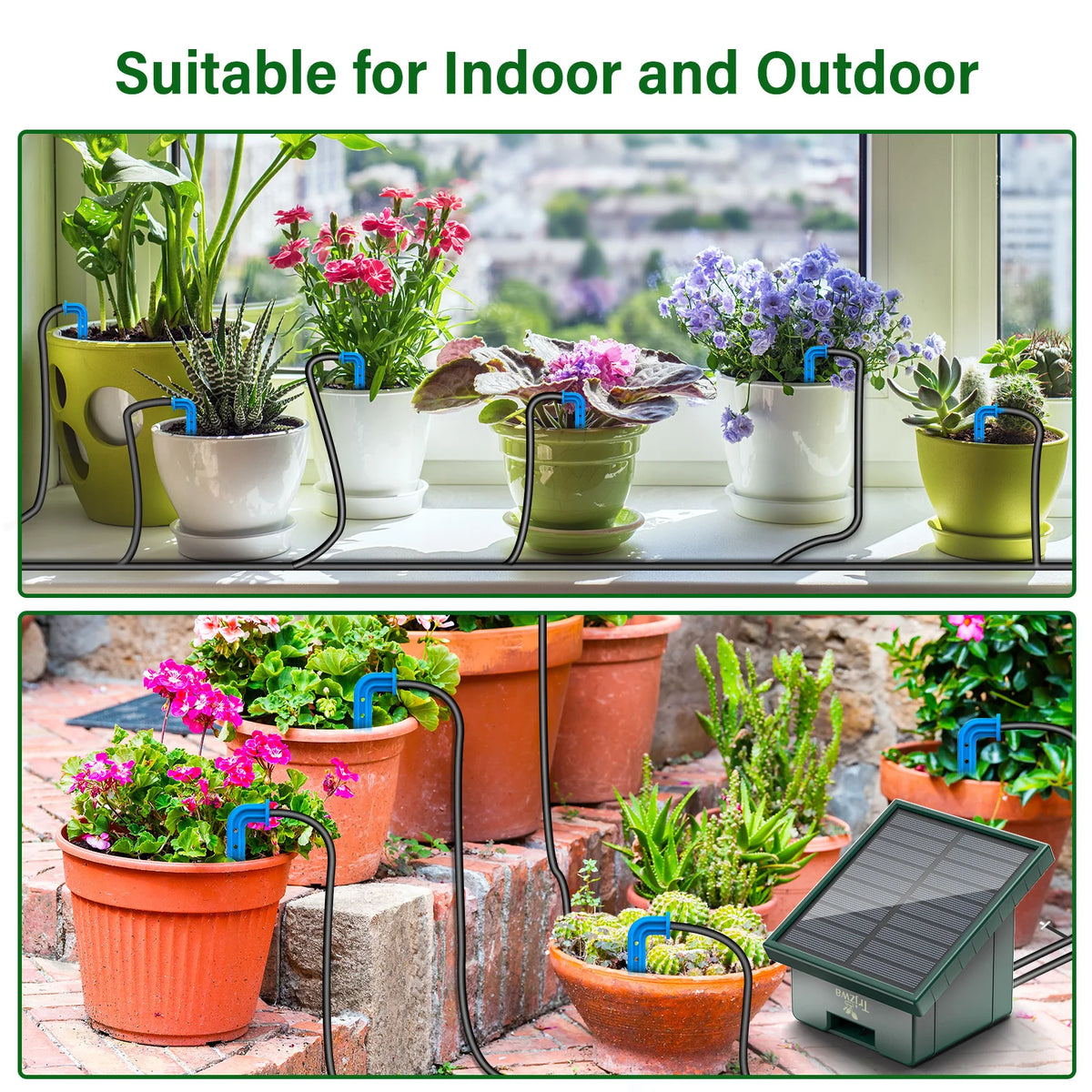 Solar drip irrigation system kit with black hoses and blue fittings; 10 m hose and 10 drip tips for indoor and outdoor plants.