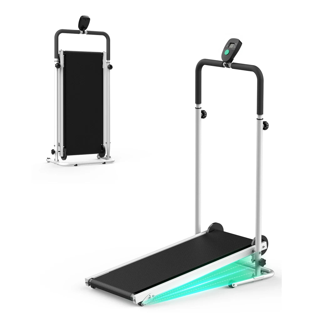 Akluer non-motorized foldable treadmill by S And B Enterprise with LCD monitor, black belt, silver frame