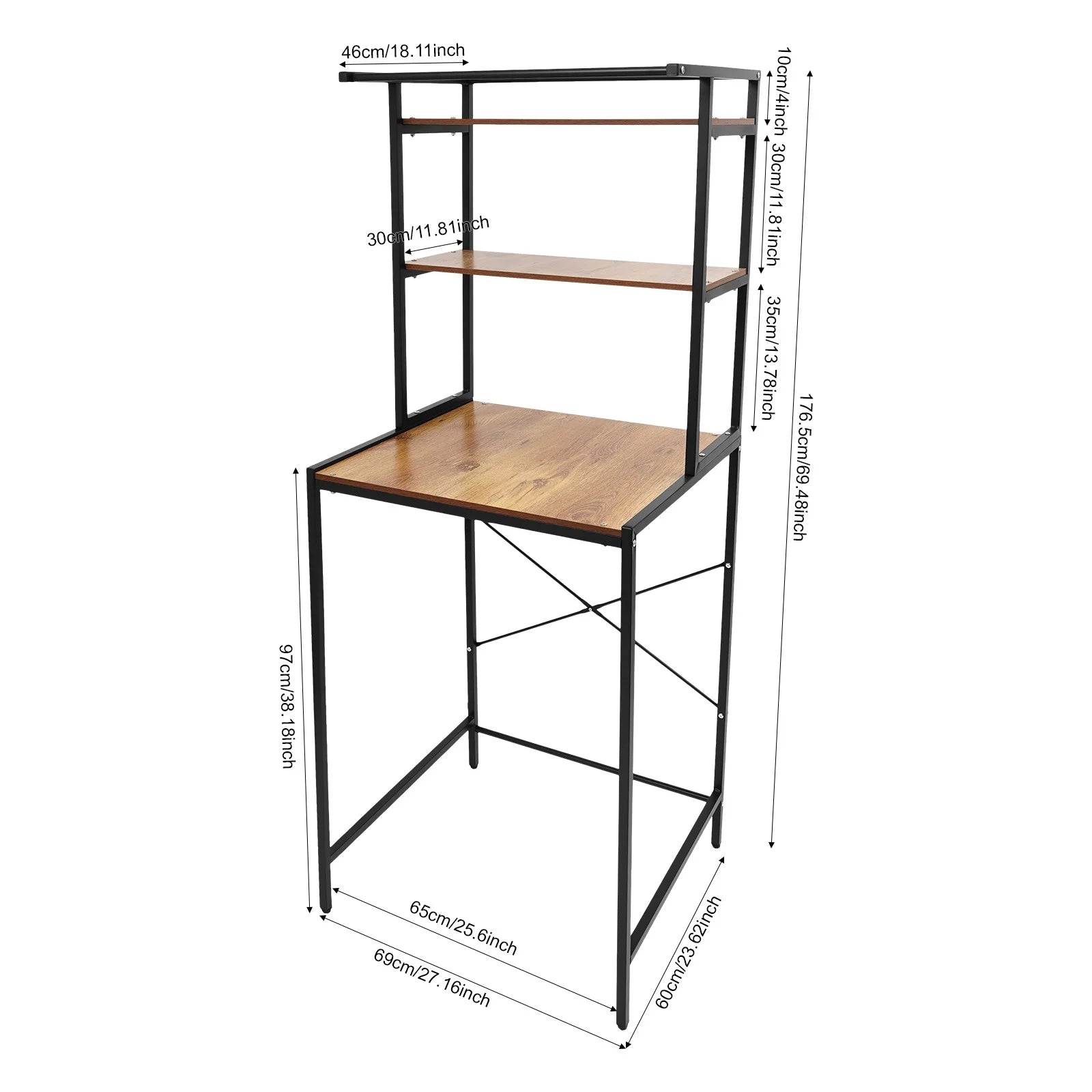 Over washing machine laundry storage shelf by S And B Enterprise; oak veneer top, sprayed iron frame, hanging rod