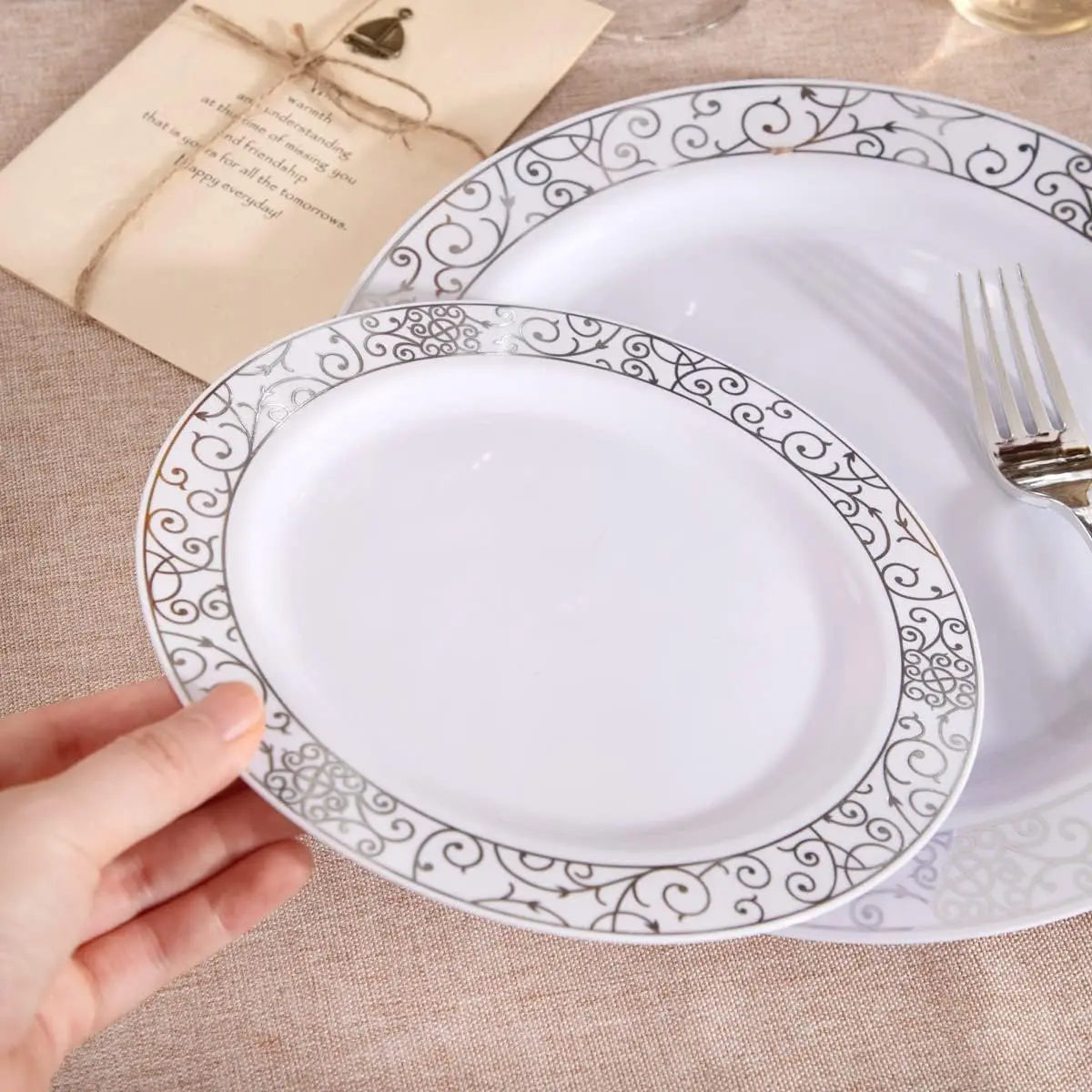 LIYH 700 Pcs Silver Plastic Disposable Dinnerware Set for 100 Guests - Includes Plates, Cups, Napkins and Cutlery Elegant White by S And B Enterprise