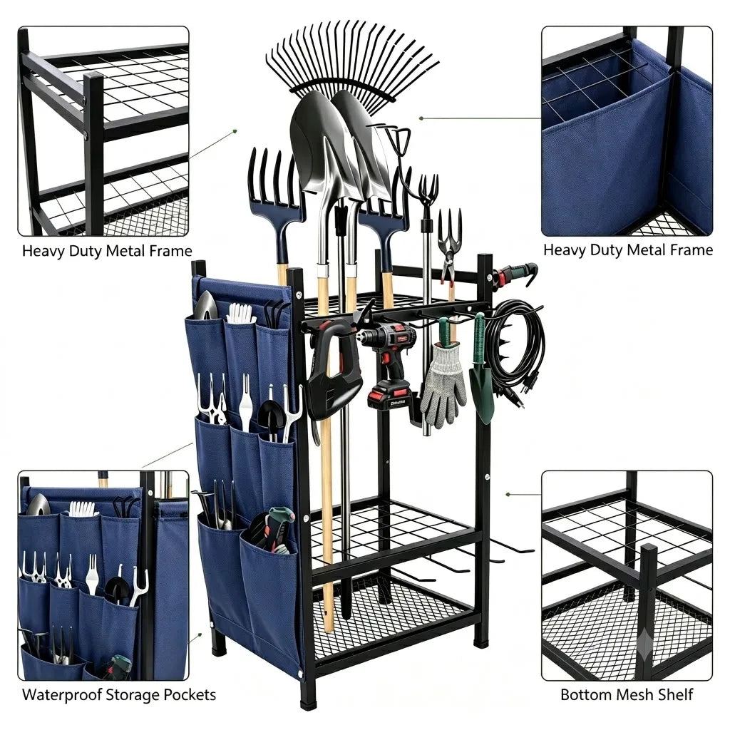 Garden tool storage organizer; heavy-duty black metal freestanding rack with blue fabric pockets and bottom mesh shelf