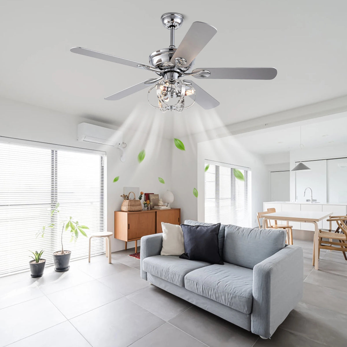 52-inch ceiling fan with light kit, chrome finish, five blades, remote included